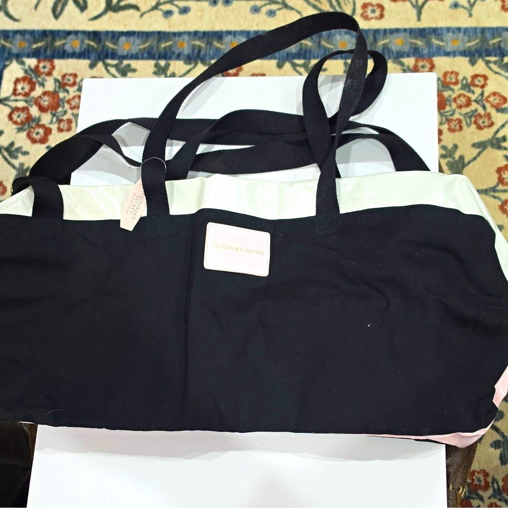 Victoria's Secret Womens Black White Pink Logo Tote Bag Double Handles Straps